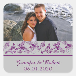 Purple Silver Floral Scroll Wedding Favour Sticker