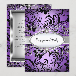 Purple Silver Floral Swirl Engagement Party Invite