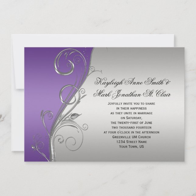 Purple Silver Floral Swirls Wedding Invitation (Front)