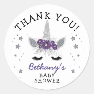 Purple Silver Floral Unicorn Baby Shower favour Classic Round Sticker
