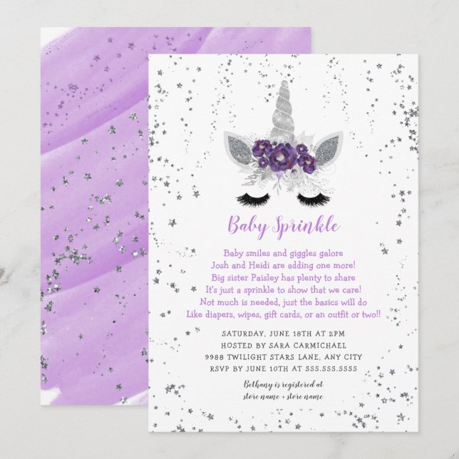 Purple Silver Floral Unicorn Baby Sprinkle Invitation (Front/Back)