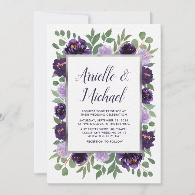 Purple Silver Floral Watercolor Eucalyptus Wedding Invitation (Front)