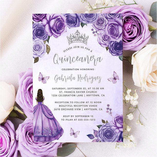 Purple Silver Floral Watercolor Quinceañera Invitation (Creator Uploaded)
