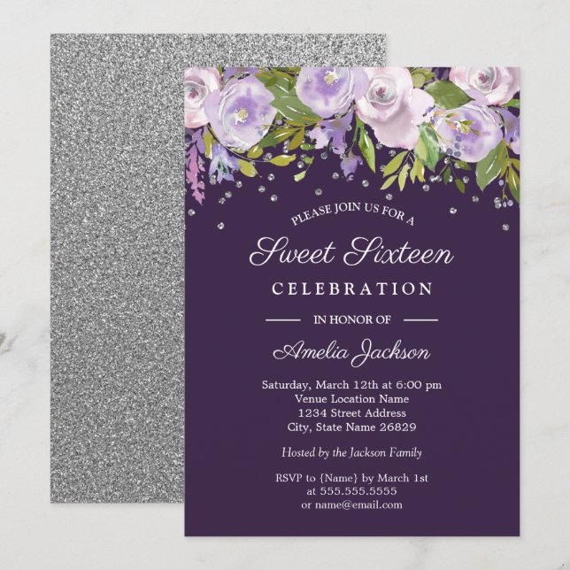 Purple Silver Floral Watercolor Sweet Sixteen Invitation (Front/Back)