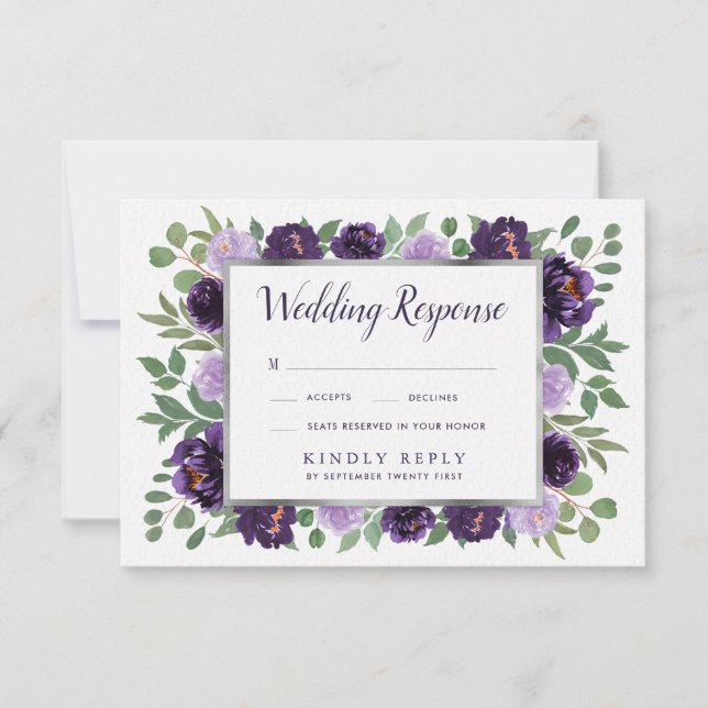 Purple Silver Floral Watercolor Wedding RSVP Cards (Front)