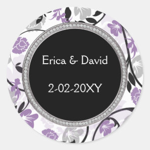 Purple silver floral wedding invitations classic round sticker