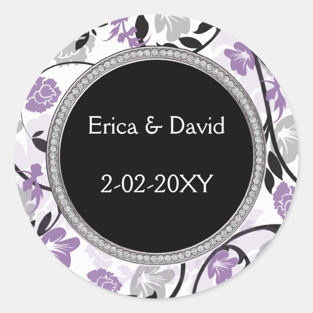 Purple silver floral wedding invitations classic round sticker (Front)