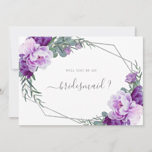 Purple & Silver Floral Will You Be My Bridesmaid Invitation (Front)