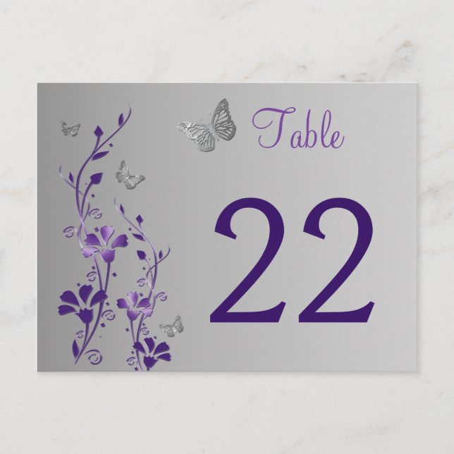 Purple Silver Floral with Butterflies Table Number Postcard (Front)