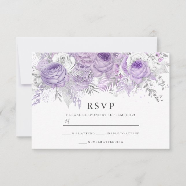 Purple & Silver Flowers Elegant Wedding RSVP (Front)