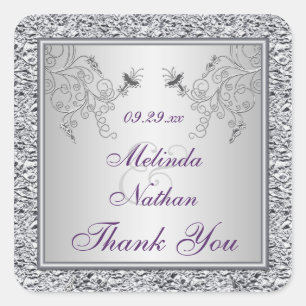 Purple Silver Foil Floral Wedding Favour Sticker