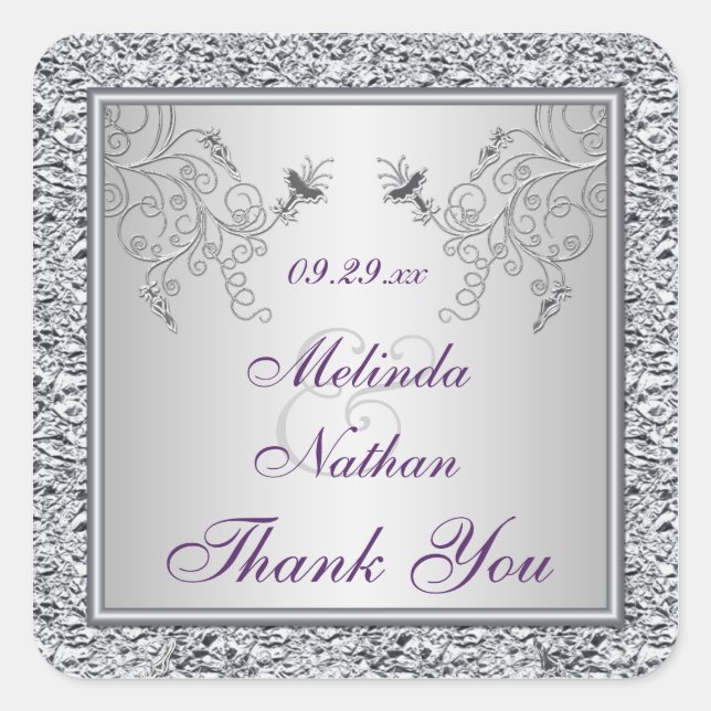Purple Silver Foil Floral Wedding Favour Sticker (Front)