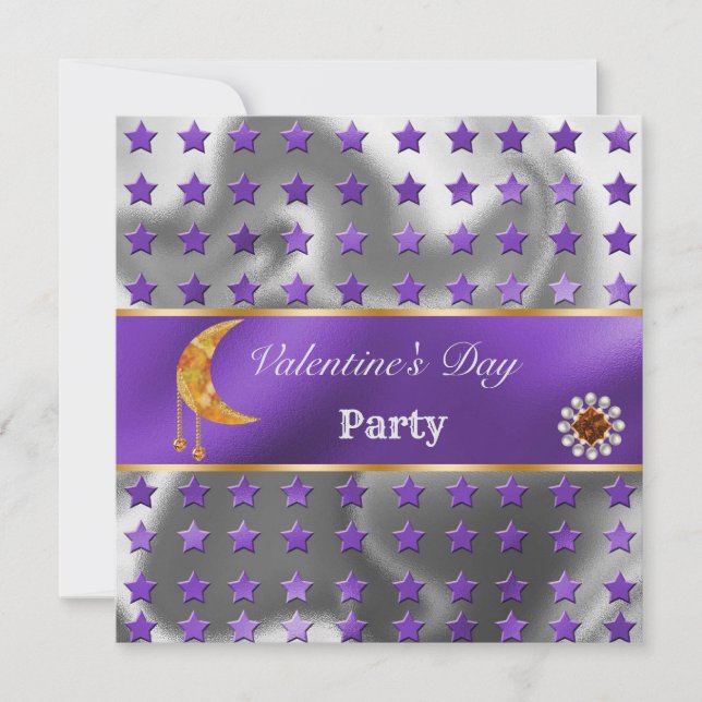 Purple Silver Foil Glitter Orange Moon Valentine Invitation (Front)