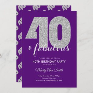 Purple Silver Glitter 40 & Fabulous Birthday Party Invitation