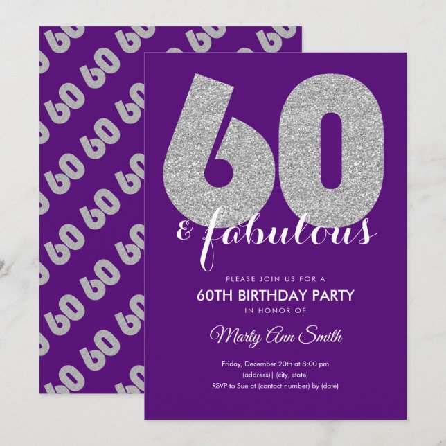 Purple Silver Glitter 60 & Fabulous Birthday Party Invitation (Front/Back)