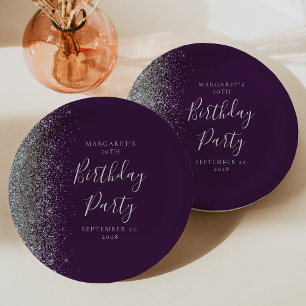 Purple Silver Glitter 70th Birthday Paper Plate