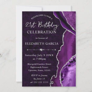 Purple & Silver Glitter Agate and marble Birthday Invitation