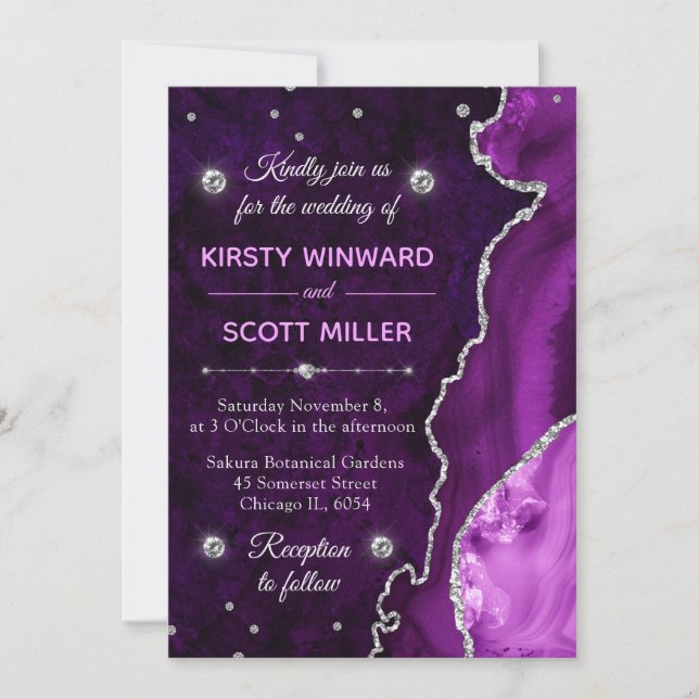 Purple & Silver Glitter Agate and marble Wedding Invitation (Front)