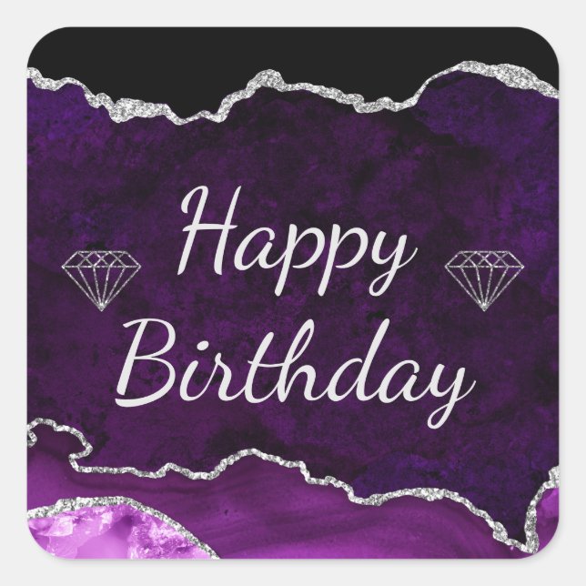 Purple & Silver Glitter Agate Happy Birthday Square Sticker (Front)