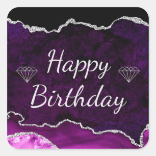 Purple & Silver Glitter Agate Happy Birthday Square Sticker