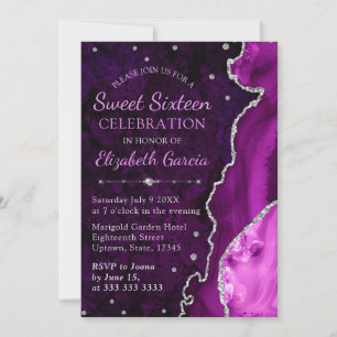 Purple & Silver Glitter Agate marble Sweet 16 Invitation