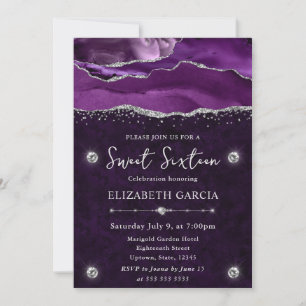 Purple & Silver Glitter Agate Sweet 16 Invitation