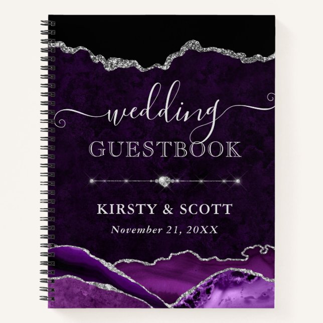 Purple & Silver Glitter Agate Wedding Guest Book (Front)