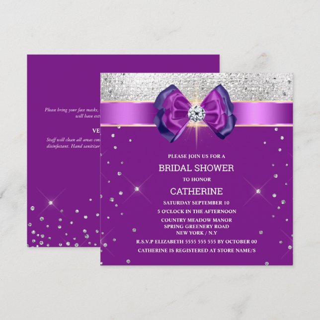 Purple silver glitter bow elegant chic sparkle invitation (Front/Back)
