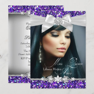 Purple Silver Glitter Bow Photo Quinceanera Invite