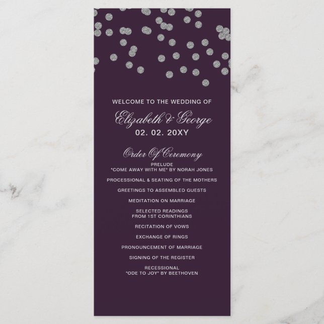 Purple Silver Glitter Confetti Elegant Wedding Programme (Front)