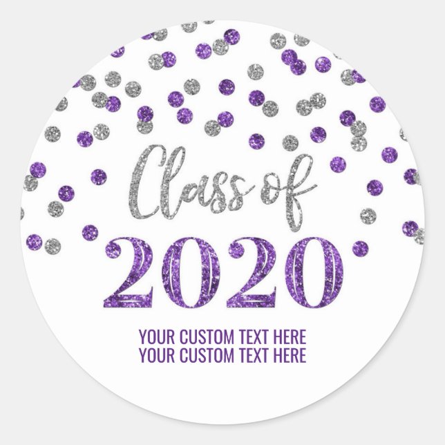 Purple Silver Glitter Confetti Graduation 2020 Classic Round Sticker (Front)
