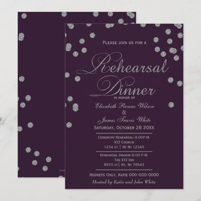 Purple Silver Glitter Confetti Rehearsal Dinner Invitation (Front/Back)