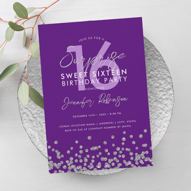 Purple Silver Glitter Confetti Surprise Sweet 16  Invitation (Purple Silver Glitter Confetti Surprise Sweet 16 Invitation)