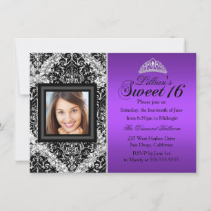 Purple Silver Glitter Damask Photo Sweet 16 Invitation