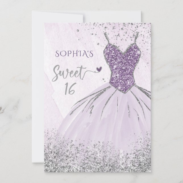 Purple Silver Glitter Dress Sweet 16 birthday  Invitation (Front)