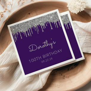 Purple Silver Glitter Drip 100th Birthday Party Napkin