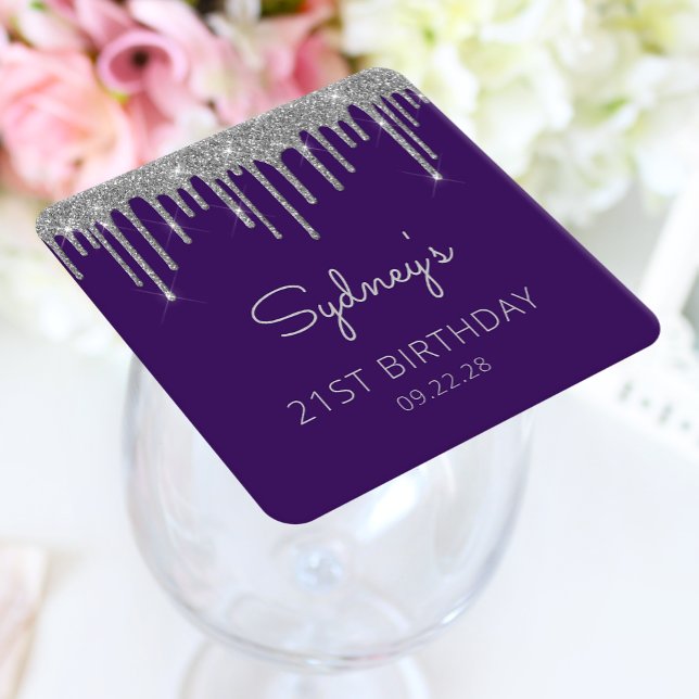 Purple Silver Glitter Drip 21st Birthday Party Square Paper Coaster (Creator Uploaded)