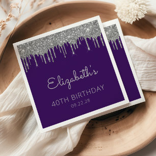Purple Silver Glitter Drip 40th Birthday Party Napkin