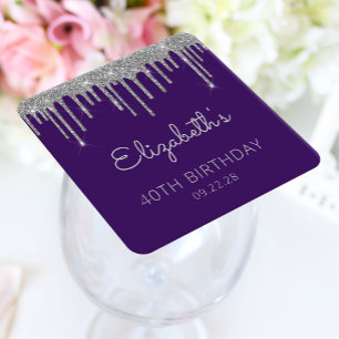 Purple Silver Glitter Drip 40th Birthday Party Square Paper Coaster