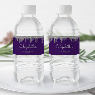 Purple Silver Glitter Drip 40th Birthday Party Water Bottle Label
