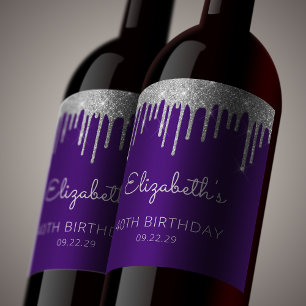 Purple Silver Glitter Drip 40th Birthday Party Wine Label