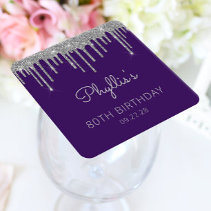 Purple Silver Glitter Drip 80th Birthday Party Square Paper Coaster
