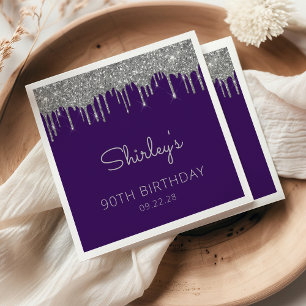 Purple Silver Glitter Drip 90th Birthday Party Napkin