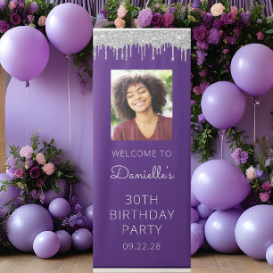 Purple Silver Glitter Drip Photo 30th Birthday Retractable Banner
