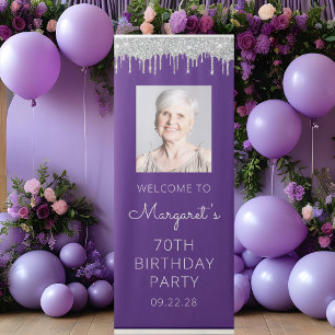 Purple Silver Glitter Drip Photo 70th Birthday Retractable Banner