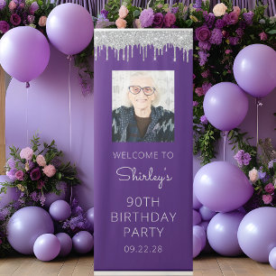 Purple Silver Glitter Drip Photo 90th Birthday Retractable Banner