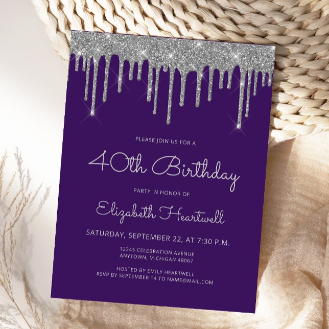 Purple Silver Glitter Drips 40th Birthday Party Postcard (Creator Uploaded)