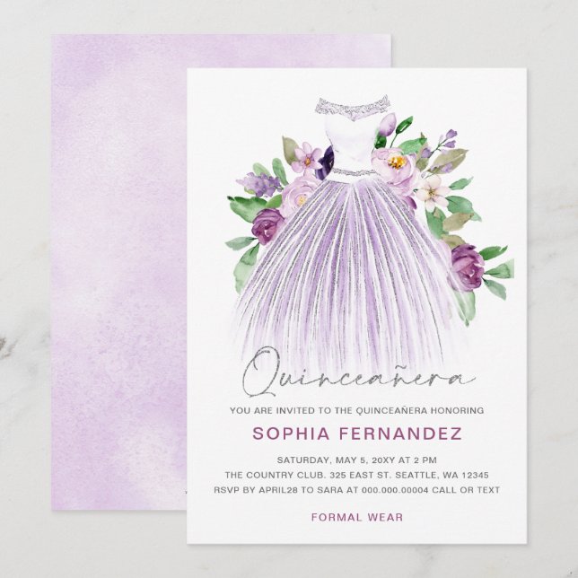 Purple Silver glitter Floral Dress Quinceañera Invitation (Front/Back)