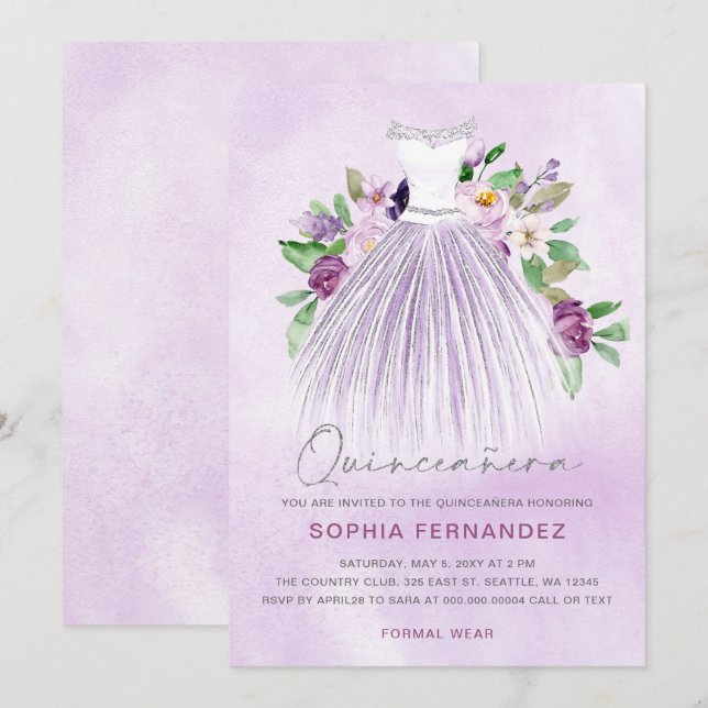 Purple Silver glitter Floral Dress Quinceañera Invitation (Front/Back)
