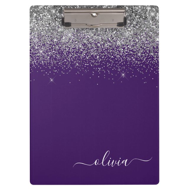 Purple Silver Glitter Girly Glam Monogram  Clipboard (Front)